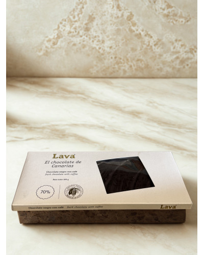 Tableta LAVA de chocolate negro 70% con café elaborada artesanalmente en Canarias.